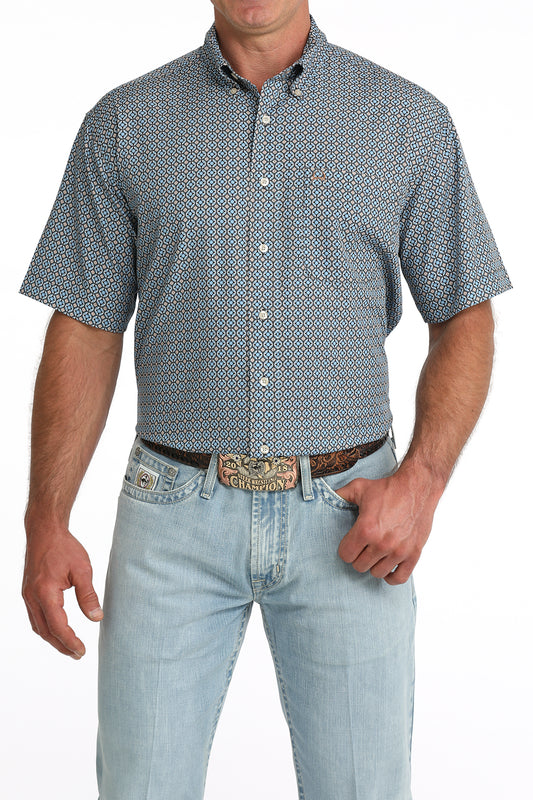 Cinch Men's ArenaFlex Blue Geometric Print Short Sleeve Shirt