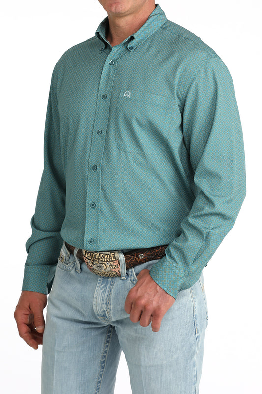 Cinch Men's Teal Geometric Print ArenaFlex Long Sleeve Button Down Shirt