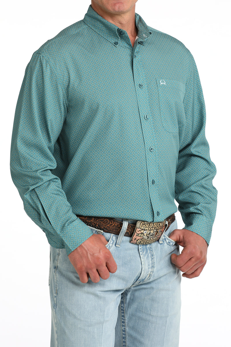 Cinch Men's Teal Geometric Print ArenaFlex Long Sleeve Button Down Shirt