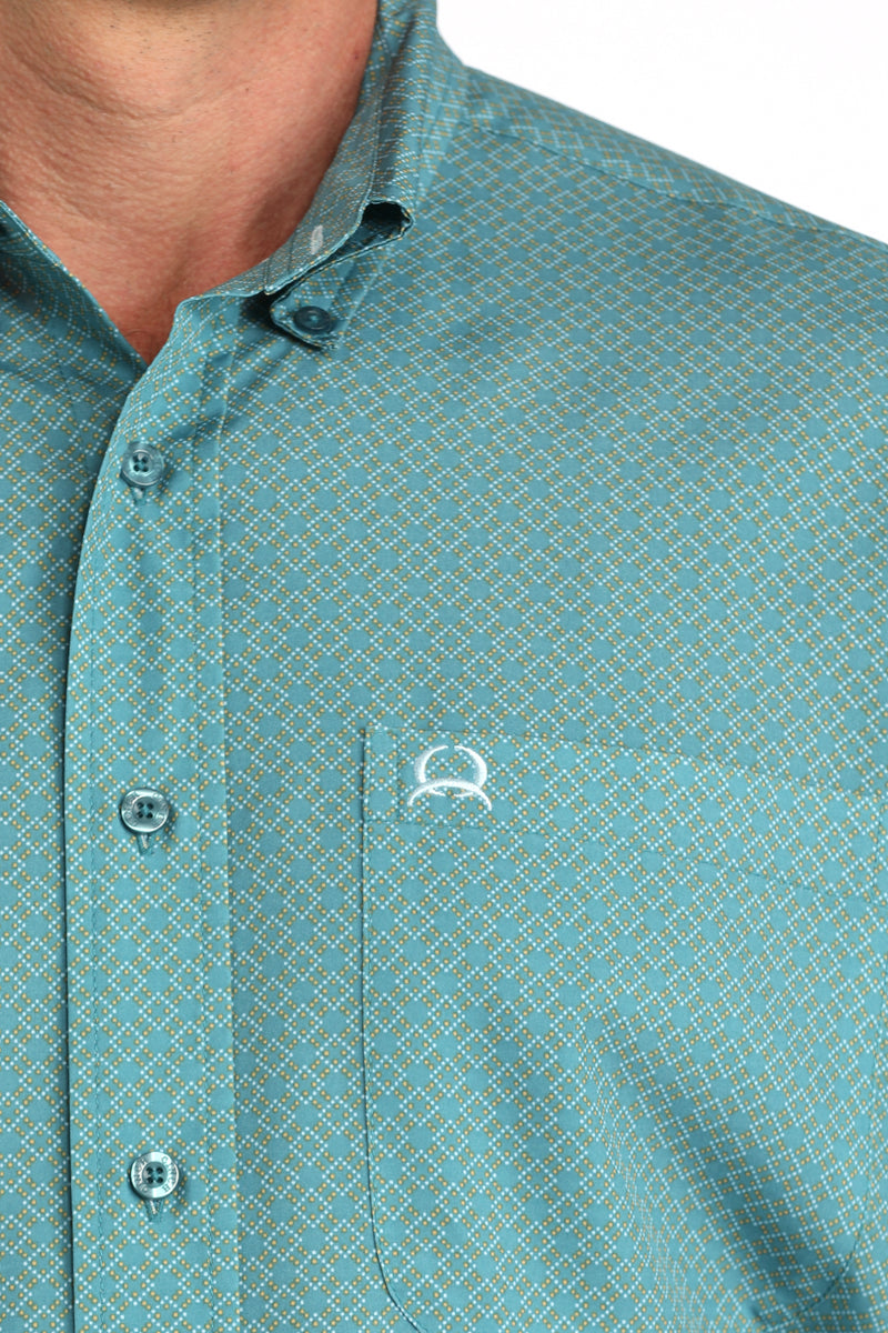 Cinch Men's Teal Geometric Print ArenaFlex Long Sleeve Button Down Shirt