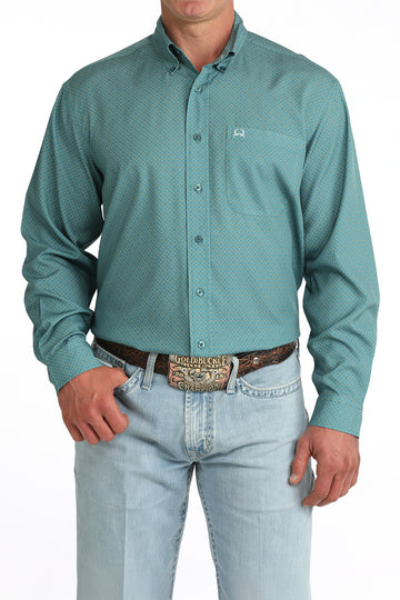 Cinch Men's Teal Geometric Print ArenaFlex Long Sleeve Button Down Shirt