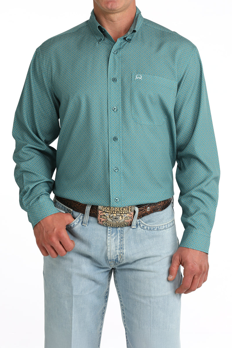 Cinch Men's Teal Geometric Print ArenaFlex Long Sleeve Button Down Shirt