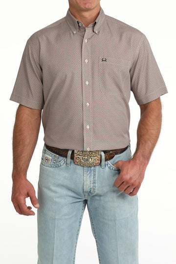 Cinch Men's ArenaFlex Brown Geometric Print Short Sleeve Button Down Shirt