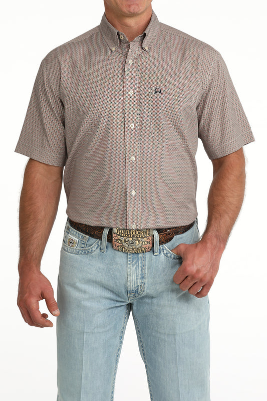 Cinch Men's ArenaFlex Brown Geometric Print Short Sleeve Button Down Shirt