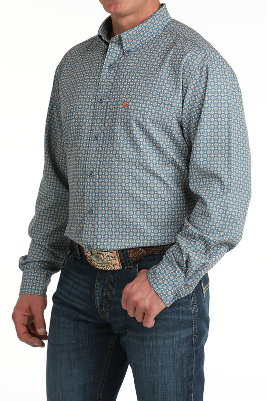 Cinch Men's ArenaFlex Blue Geo Print Long Sleeve Button-Down Shirt