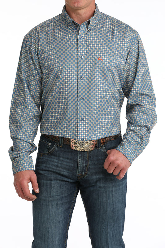 Cinch Men's ArenaFlex Blue Geo Print Long Sleeve Button-Down Shirt