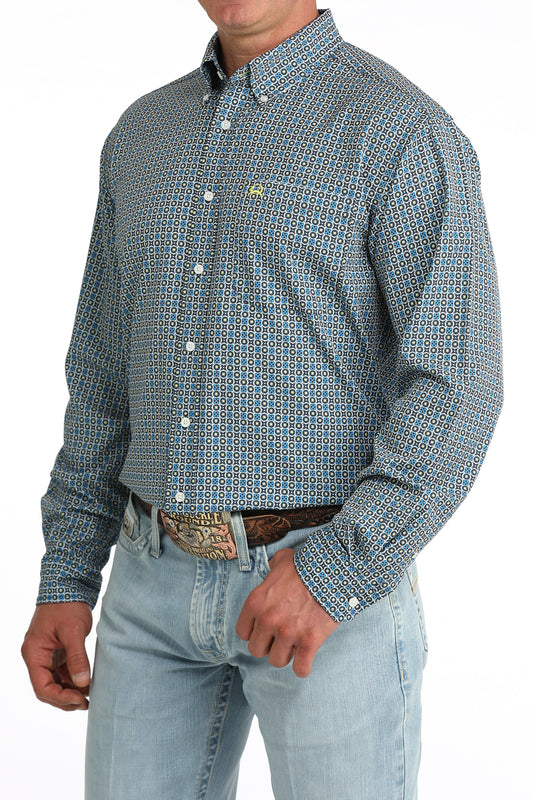 Cinch Men's ArenaFlex Blue Geometric Print Long Sleeve Button-Down Shirt