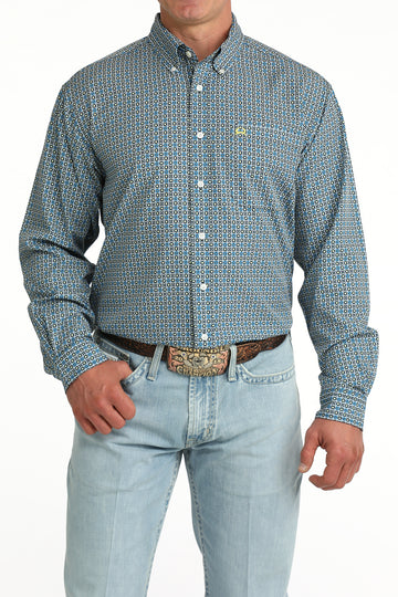 Cinch Men's ArenaFlex Blue Geometric Print Long Sleeve Button-Down Shirt