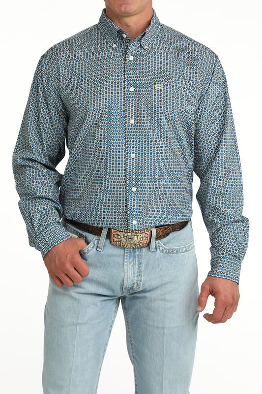 Cinch Men's ArenaFlex Blue Geometric Print Long Sleeve Button-Down Shirt