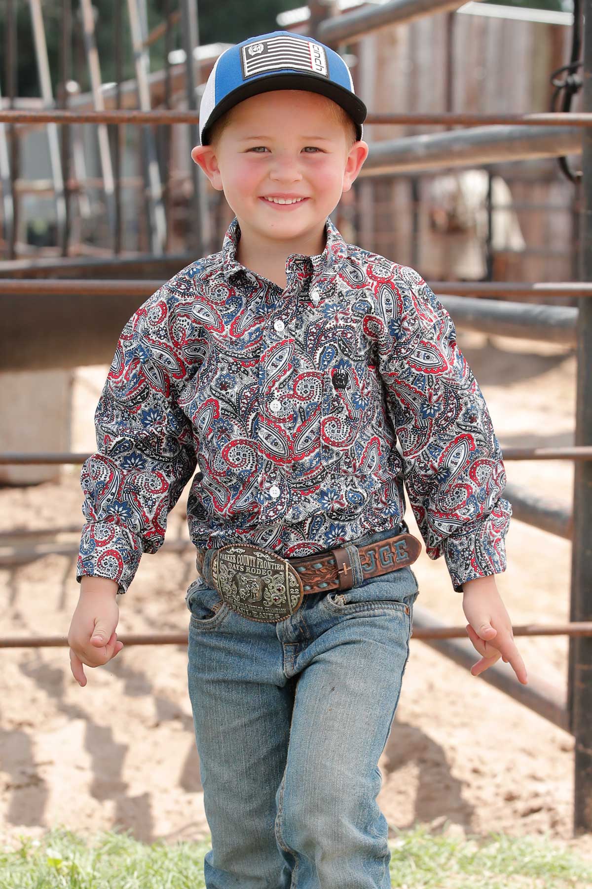 Cinch Boy's Long Sleeve Button-Down Blue/Red Paisley Shirt