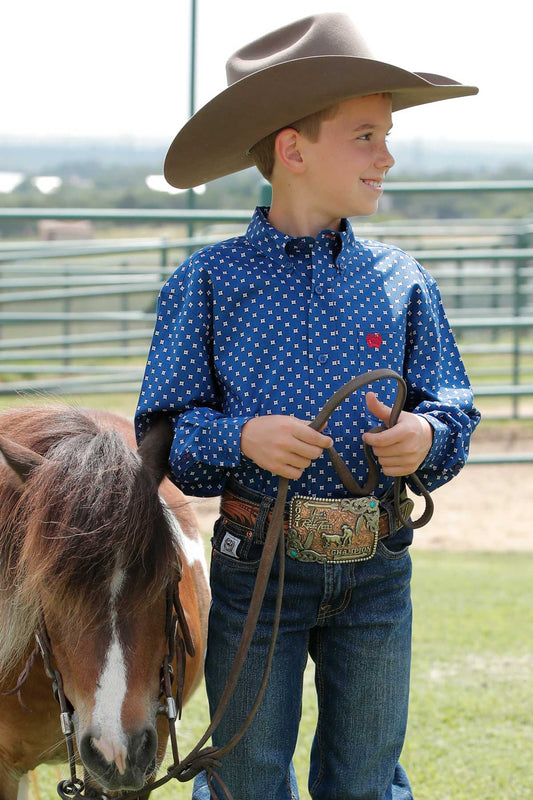 Cinch Boy's Royal Blue Geometric Print Long Sleeve Button Down Shirt