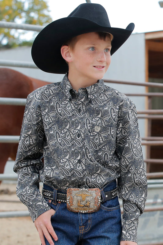 Cinch Boy's Blue/Black Paisley Button-Down Long Sleeve Shirt