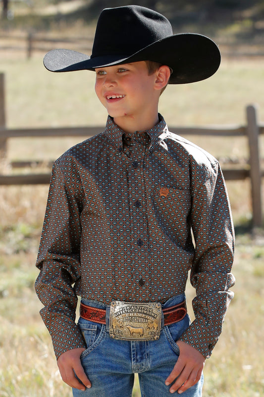 Cinch Boy's Brown Geo Print Long Sleeve Western Shirt