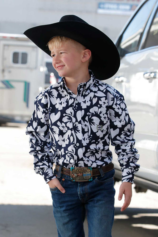 Cinch Boy's Navy Hibiscus Print Button-Down Western Shirt