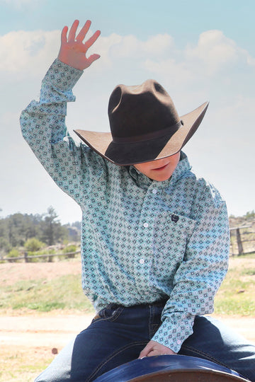 Cinch Boy's Turquoise Geometric Print Long Sleeve Button-Down Shirt