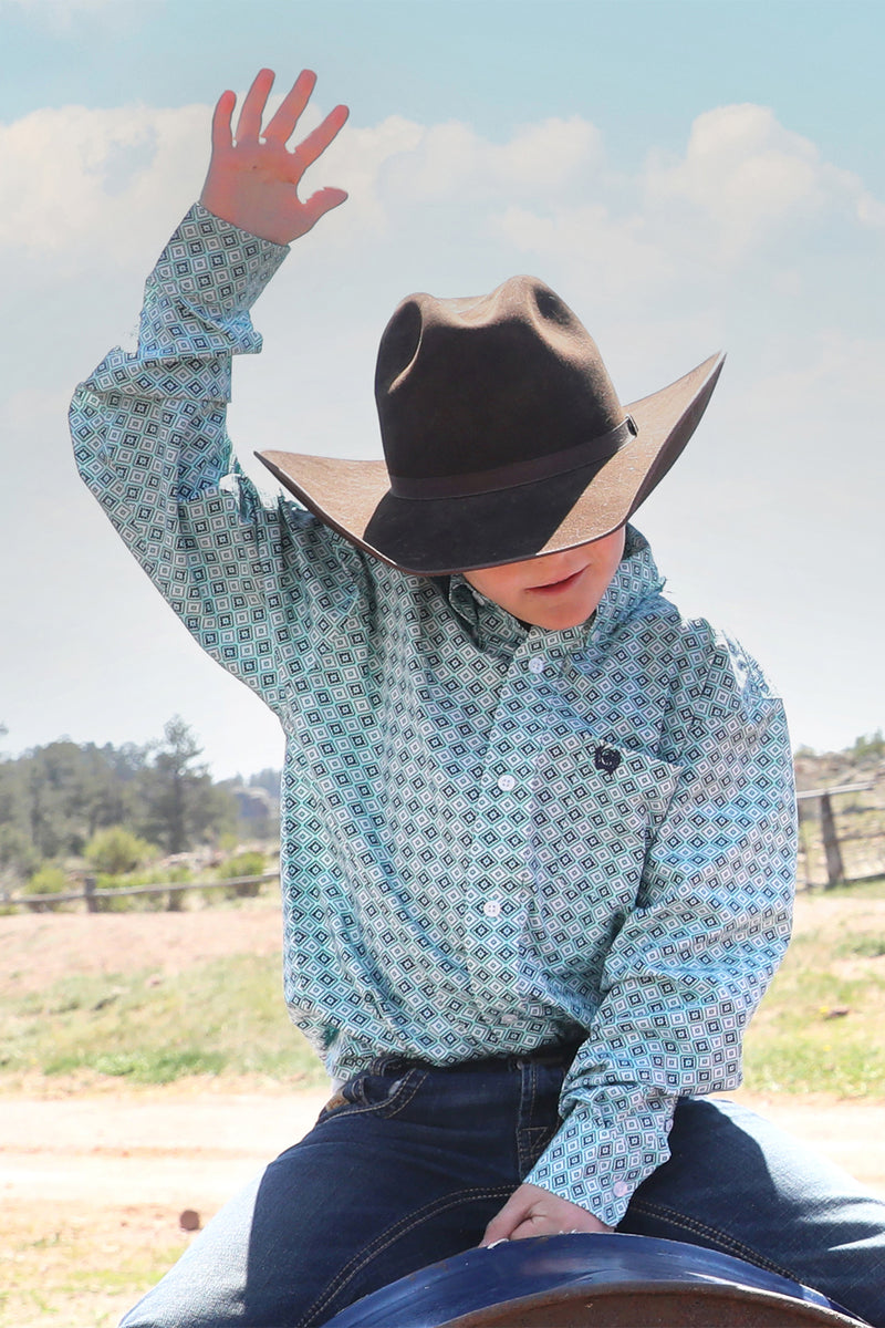 Cinch Boy's Turquoise Geometric Print Long Sleeve Button-Down Shirt