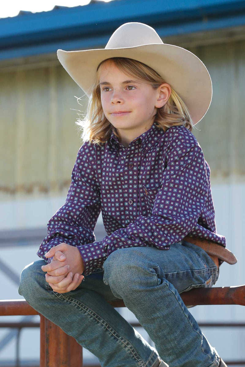 Cinch Boy's Purple Geometric Print Long Sleeve Button Down Shirt
