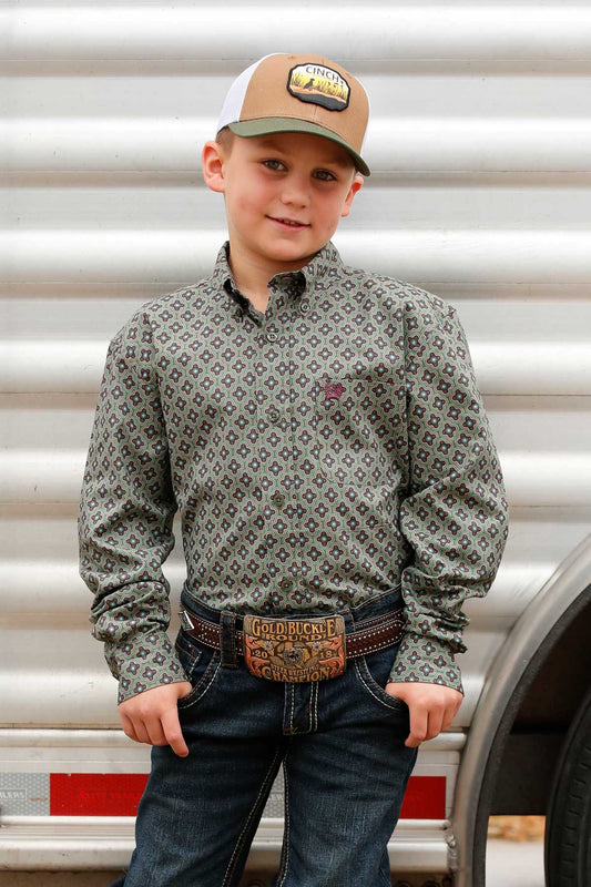 Cinch Boy's Olive Geometric Print Long Sleeve Button Down Shirt