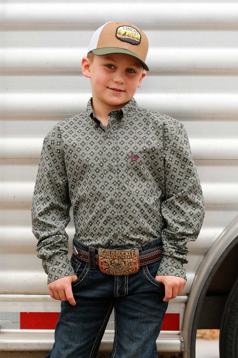Cinch Boy's Olive Geometric Print Long Sleeve Button Down Shirt