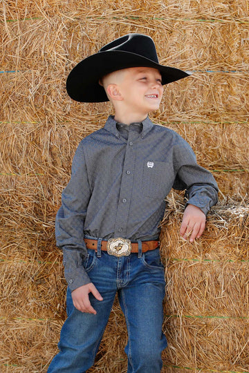 Cinch Boy's Grey Circle Pattern Button Down Long Sleeve Shirt