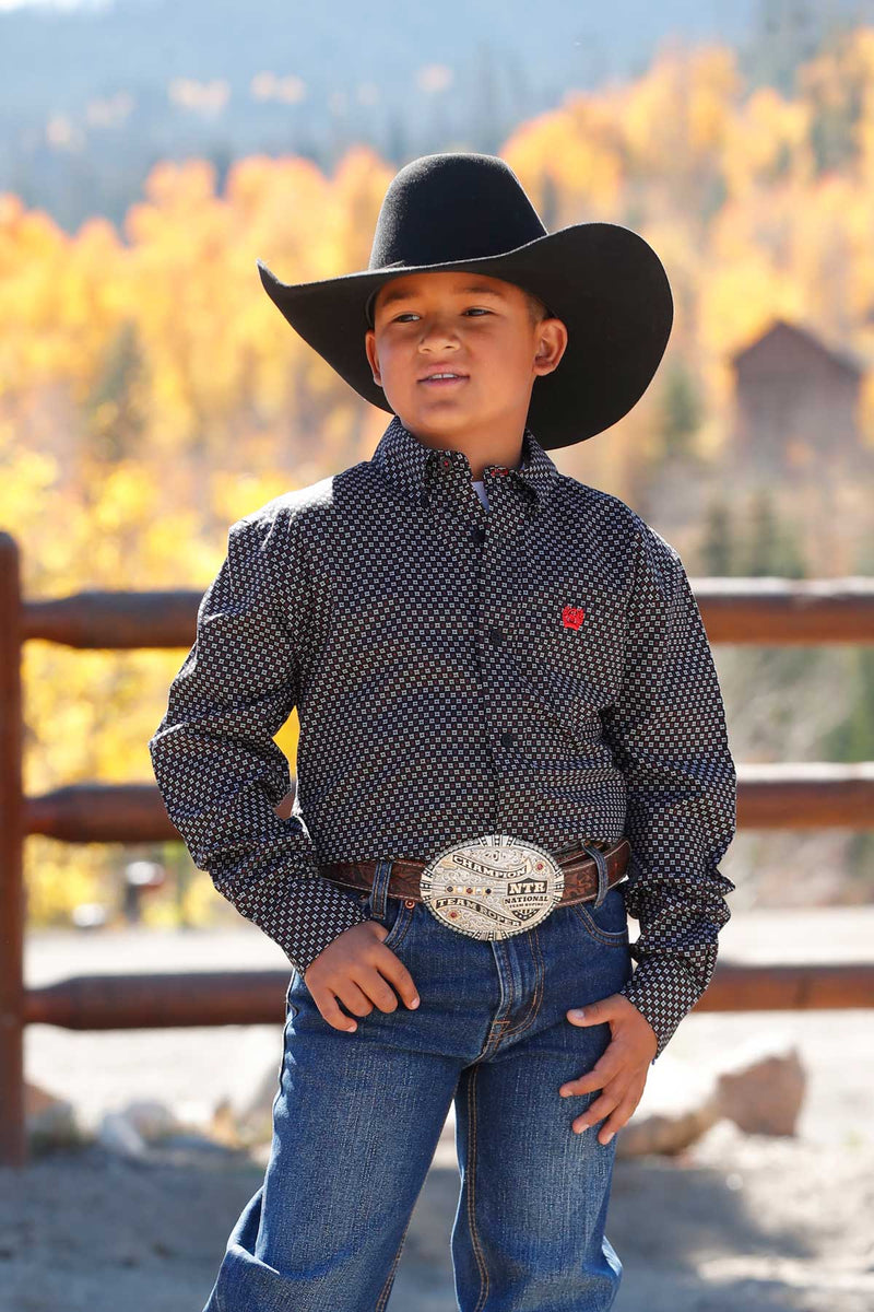 Cinch Boy's Black/White/Red Pattern Button Down Long Sleeve Shirt
