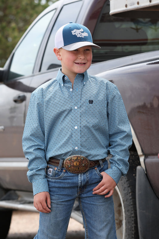 Cinch Boy's Blue & Black Geometric Print Long Sleeve Button Down Shirt