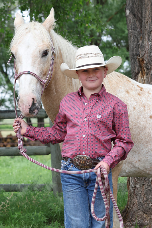 Cinch Boy's Pink Geometric Print Long Sleeve Button Down Shirt