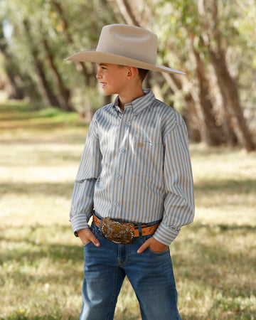 Cinch Boy's Light Blue Tencel Striped Long Sleeve Button Down Shirt
