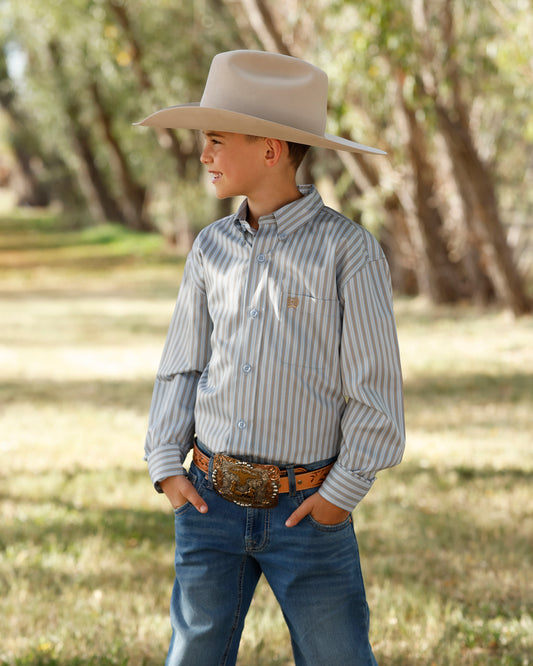 Cinch Boy's Light Blue Tencel Striped Long Sleeve Button Down Shirt