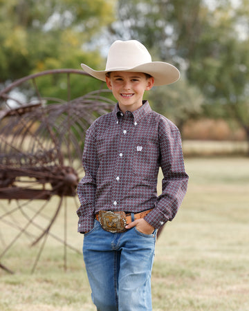 Cinch Boy's Purple Diamond Print Long Sleeve Button Down Shirt