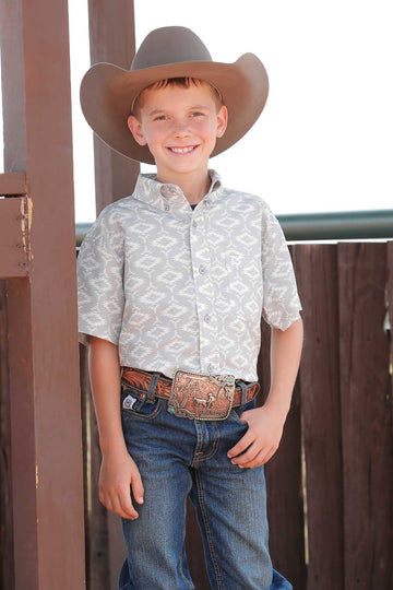 Cinch Boy's Grey Aztec Print Short Sleeve Arena Flex Shirt