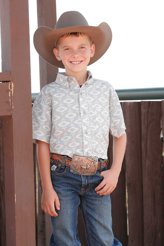 Cinch Boy's Grey Aztec Print Short Sleeve Arena Flex Shirt