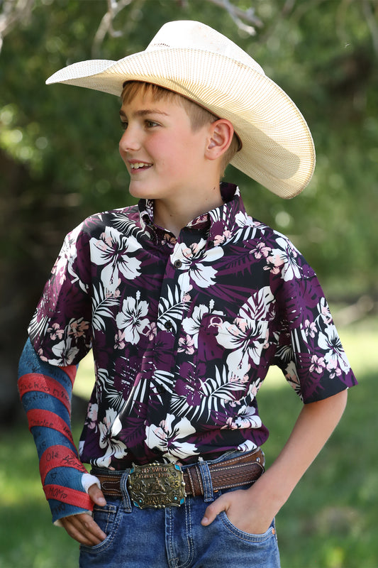 Cinch Boy's Hawaiian Print ArenaFlex Short Sleeve Button-Down Western Shirt