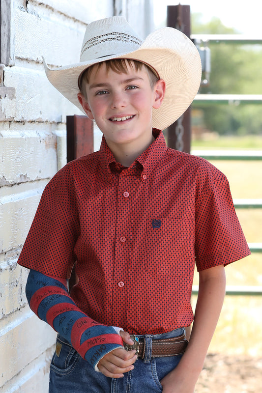 Cinch Boy's Red Print Short Sleeve Button-Down Shirt