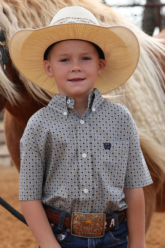 Cinch Boy's Grey Geometric Print Short Sleeve Button Down Shirt