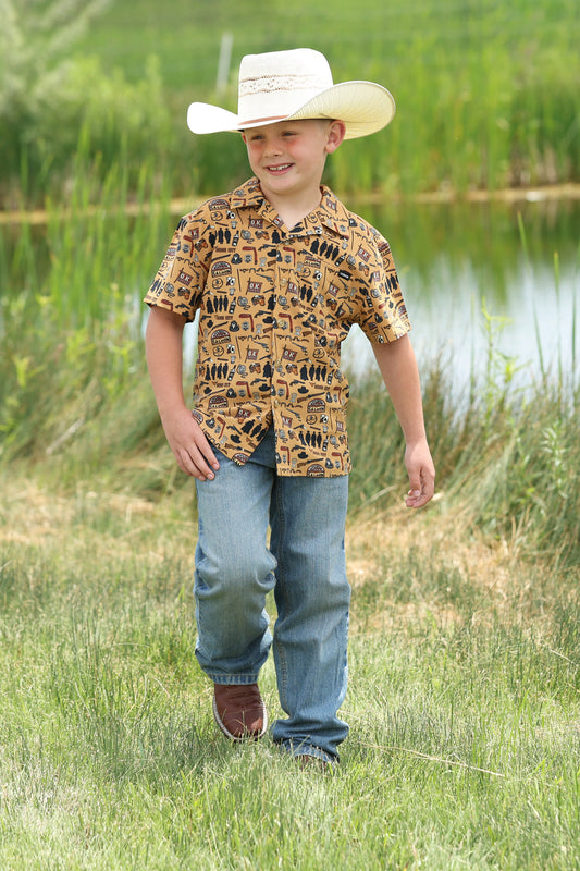 Cinch Boy's Short Sleeve Wildwest Print Camp Shirt