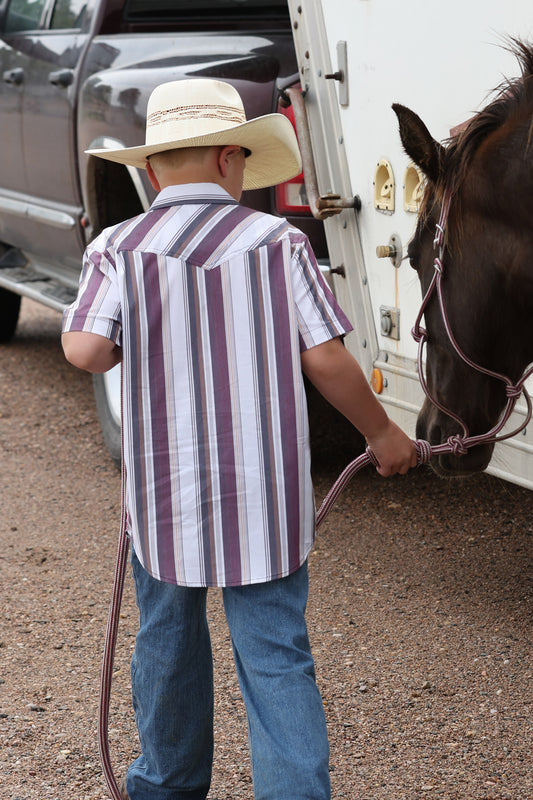 Cinch Boy's White Striped Short Sleeve Western Snap Camp Shirt