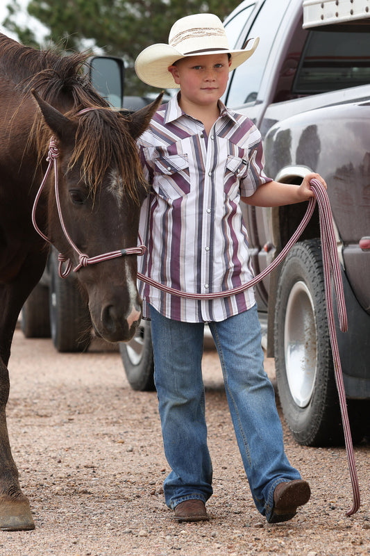 Cinch Boy's White Striped Short Sleeve Western Snap Camp Shirt
