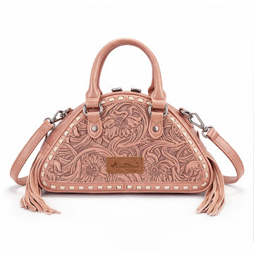 Montana West Dark Pink Tooled Floral Fringe Dome Satchel Bag