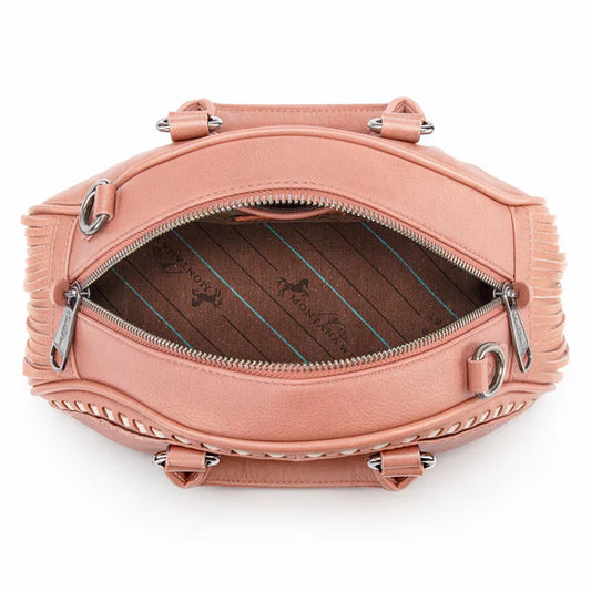 Montana West Dark Pink Tooled Floral Fringe Dome Satchel Bag