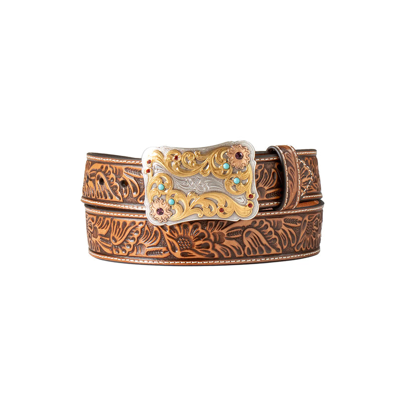Nocona Women's 1-1/2" Floral Embossed Belt w/Multi Finish Buckle