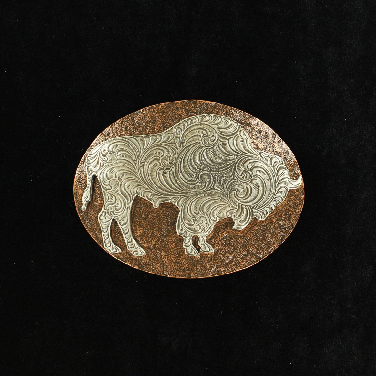 Nocona Belt Co. Silver Tooled Buffalo w Bronze Background Belt Buckle