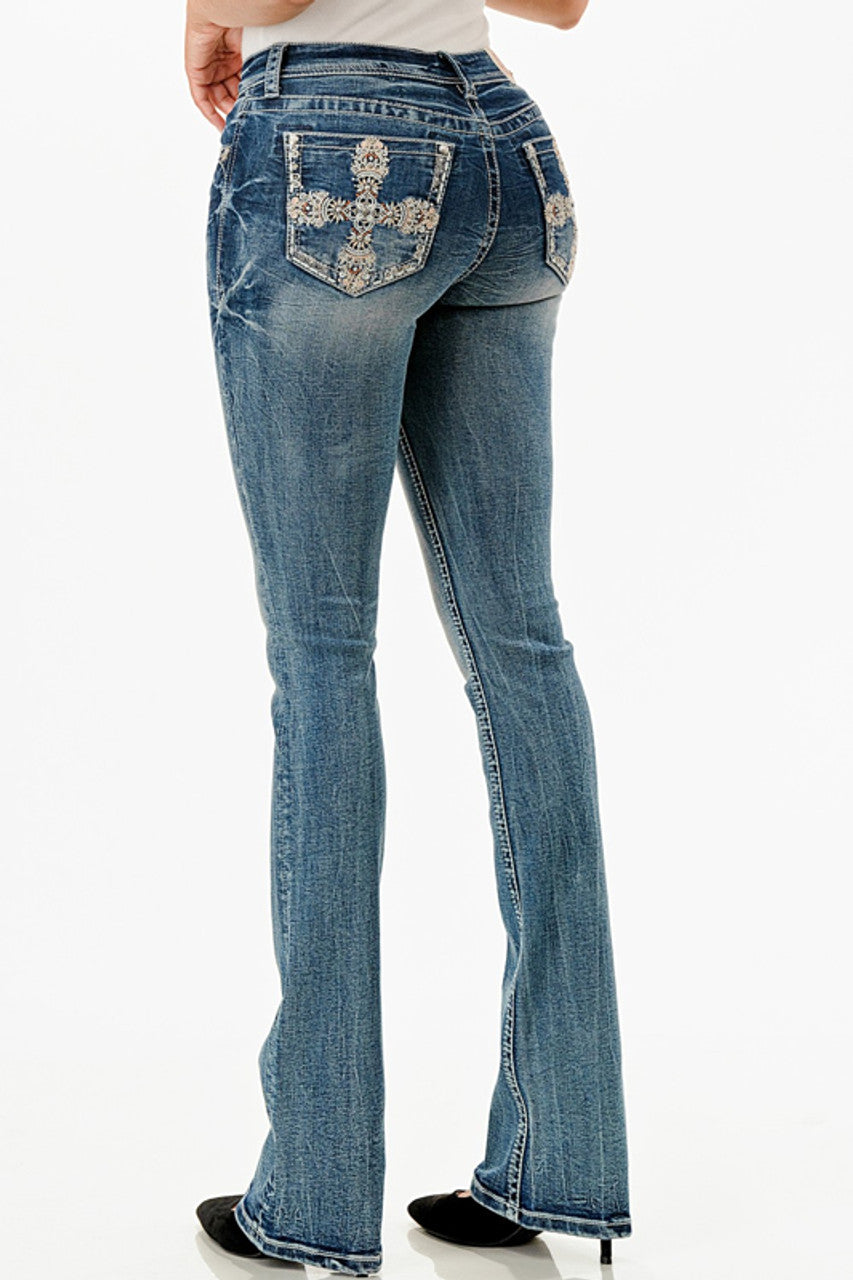 Grace in LA Women's Cross Embellished Bootcut Medium Wash Jeans