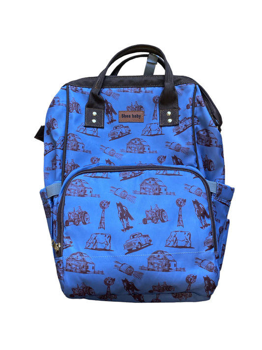 Shea Baby Blue Farm Print Diaper Bag