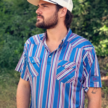 Red Dirt Hat Co. Men's Blue Striped Polo Short Sleeve Shirt