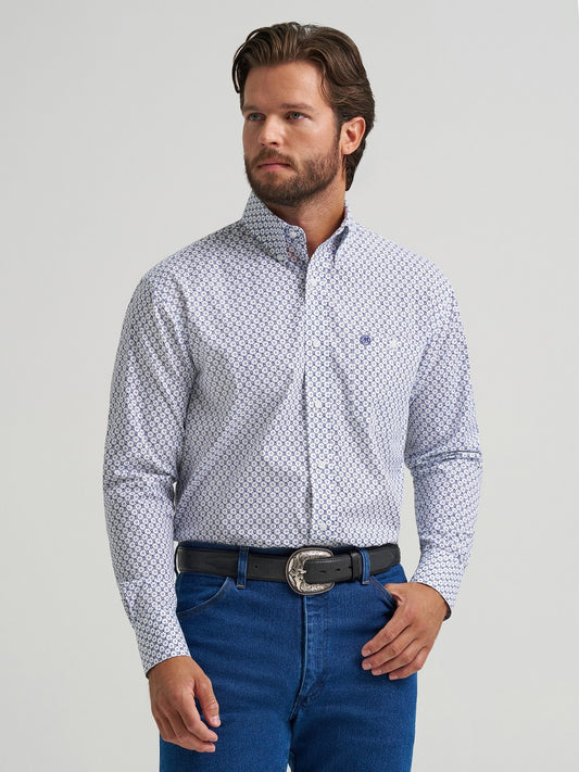 Wrangler Men's Blue White Print Classic Long Sleeve Button-Down Shirt