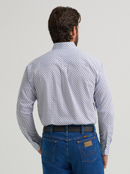 Wrangler Men's Blue White Print Classic Long Sleeve Button-Down Shirt