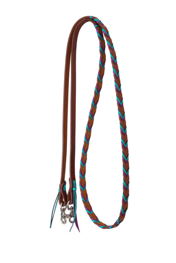 Rafter T 5/8" Harness Leather w/Purple and Turquoise Plait Barrel Rein