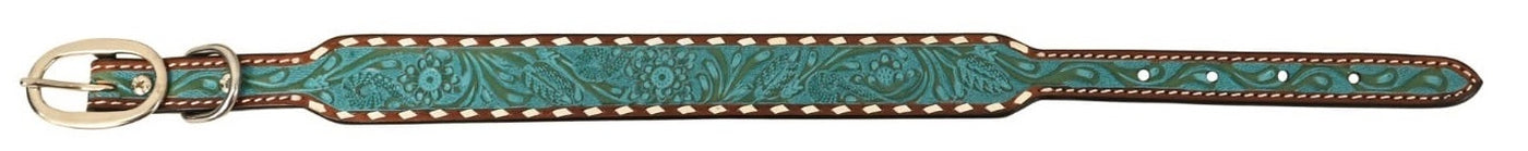 Rafter T Turquoise Wash Dog Collar w/Floral Tooling & White Buckstitch