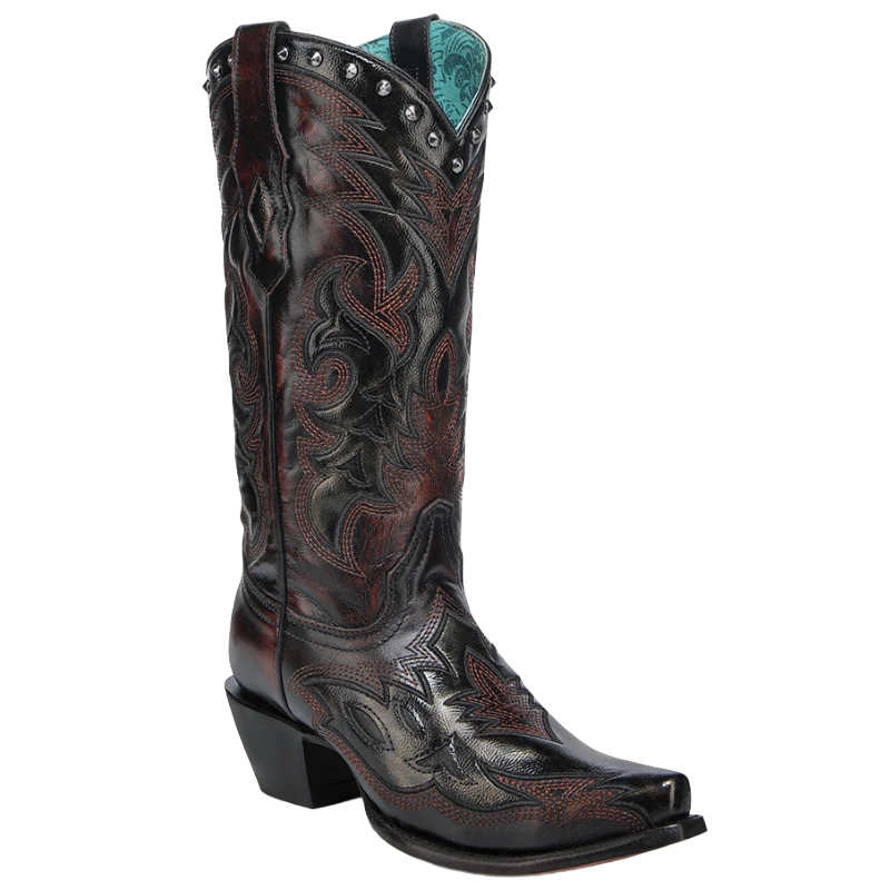 Corral Women's Laser Embroidery & Studs Black & Wine Western Boots